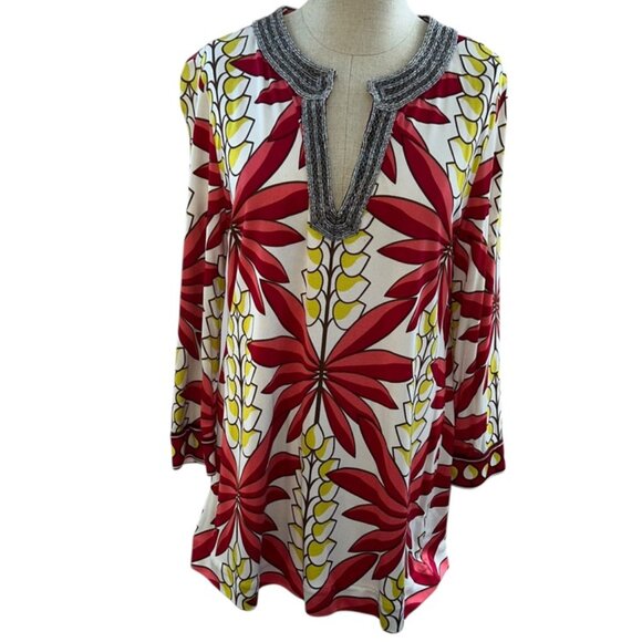 tory burch heavily beaded embellished red yellow floral 100% silk tunic top L - Picture 1 of 4